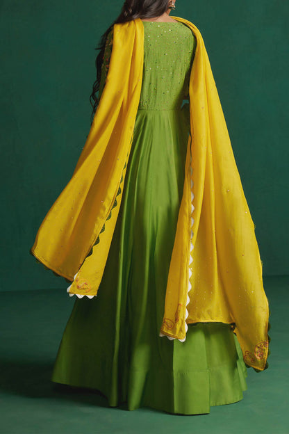 Hirika &amp; Dhruti Green Dark Hand Embroidered Anarkali Set For Kids
