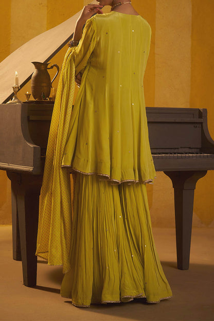 Shop Hirika &amp; Dhruti Yellow Tikki Work Anarkali Kurta And Sharara Set For Kids at Aza Fashions