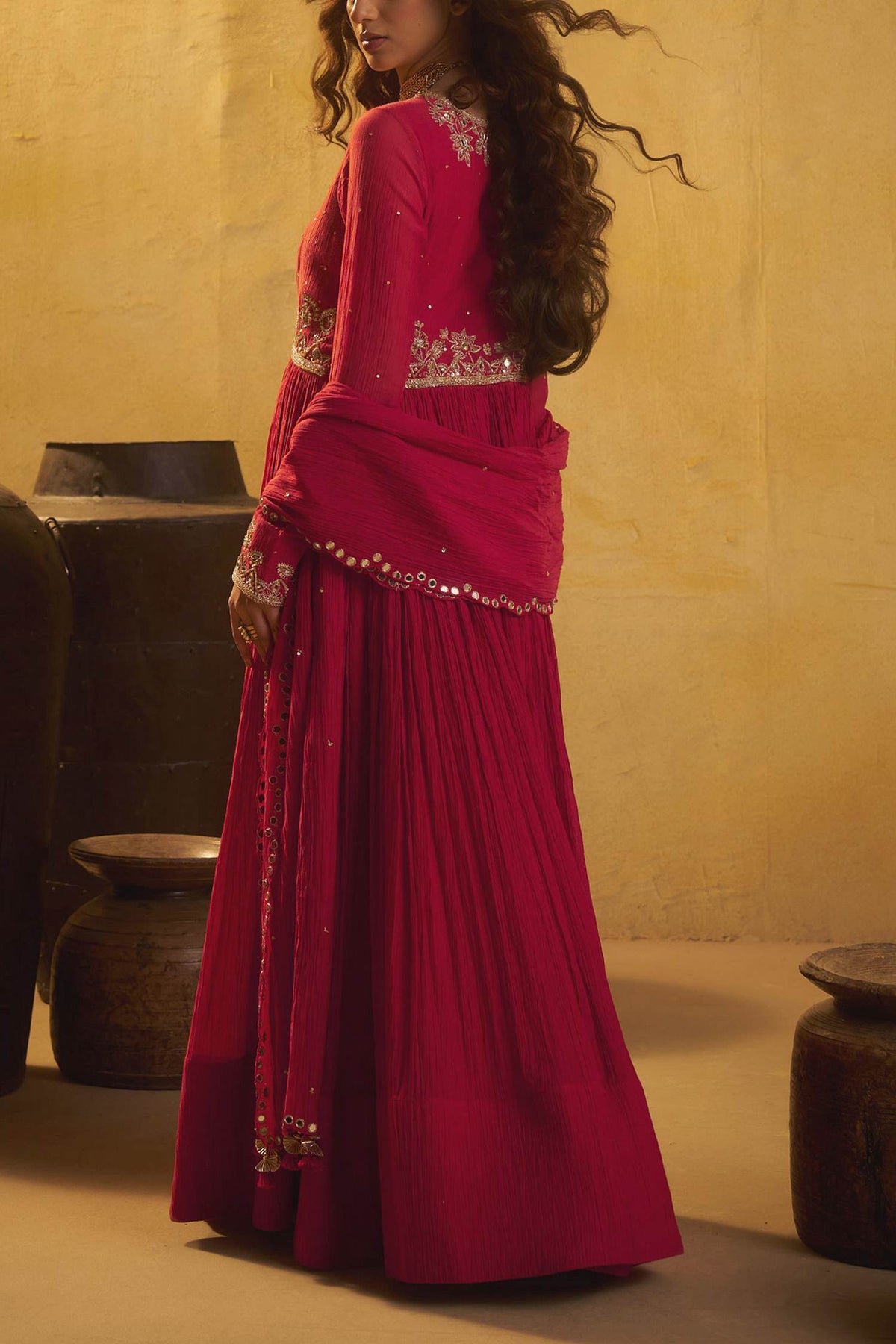 Hirika &amp; Dhruti Red Hand Work Pleated Anarkali And Mirror Dupatta For Kids