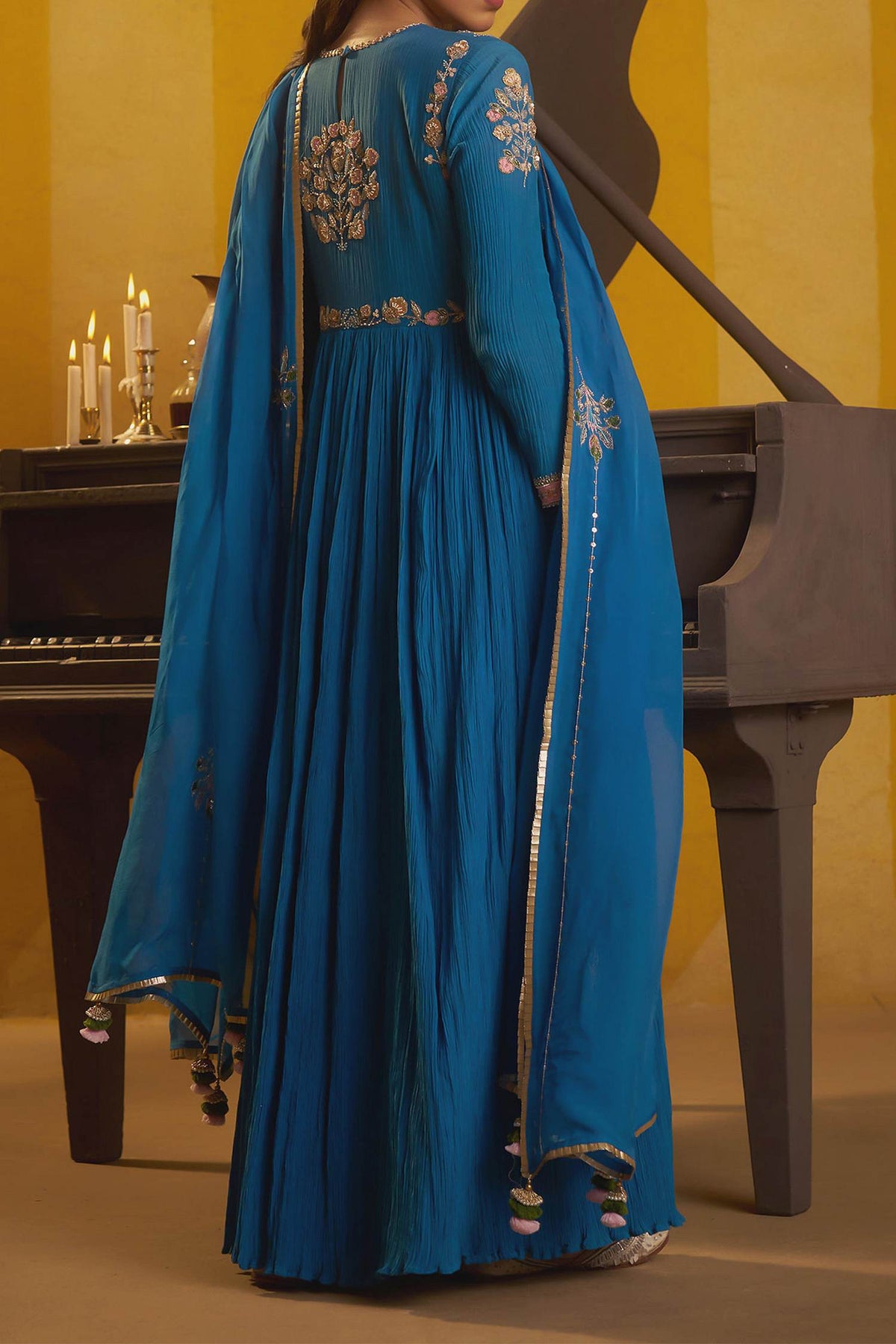 Hirika &amp; Dhruti Blue Patchwork Pleated Anarkali And Embroidered Dupatta For Kids