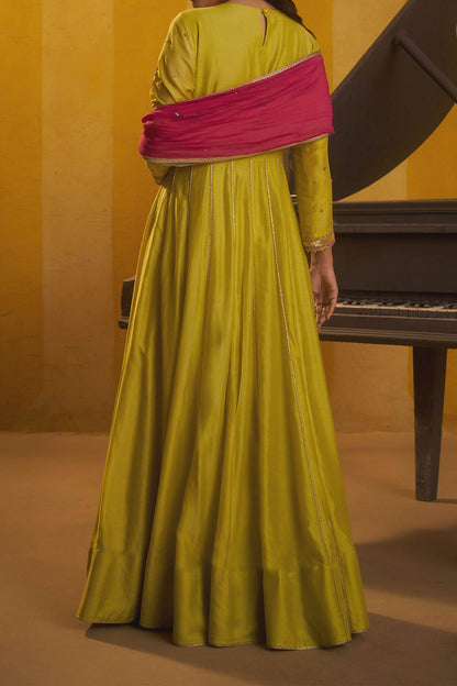 Shop Hirika &amp; Dhruti Lime Moti Work Anarkali And Colorful Dupatta For Kids at Aza Fashions