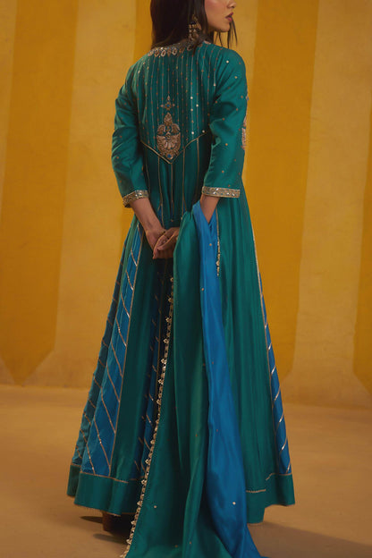 Shop Hirika &amp; Dhruti Teal Gota And Zardozi Anarkali Set For Kids at Aza Fashions