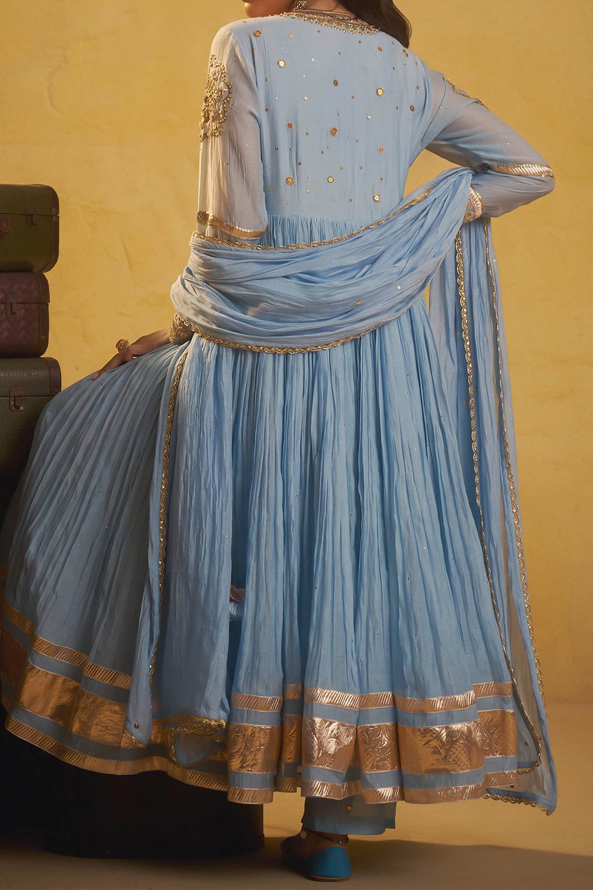Shop Hirika &amp; Dhruti Sky Blue Metal Tikki Angarkha Pant And Dupatta Set For Kids at Aza Fashions