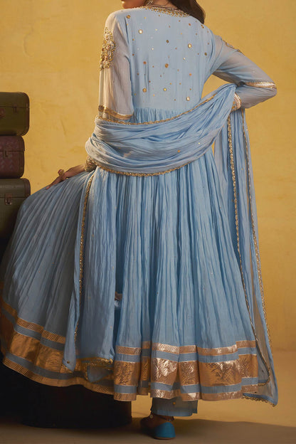 Shop Hirika &amp; Dhruti Sky Blue Metal Tikki Angarkha Pant And Dupatta Set For Kids at Aza Fashions