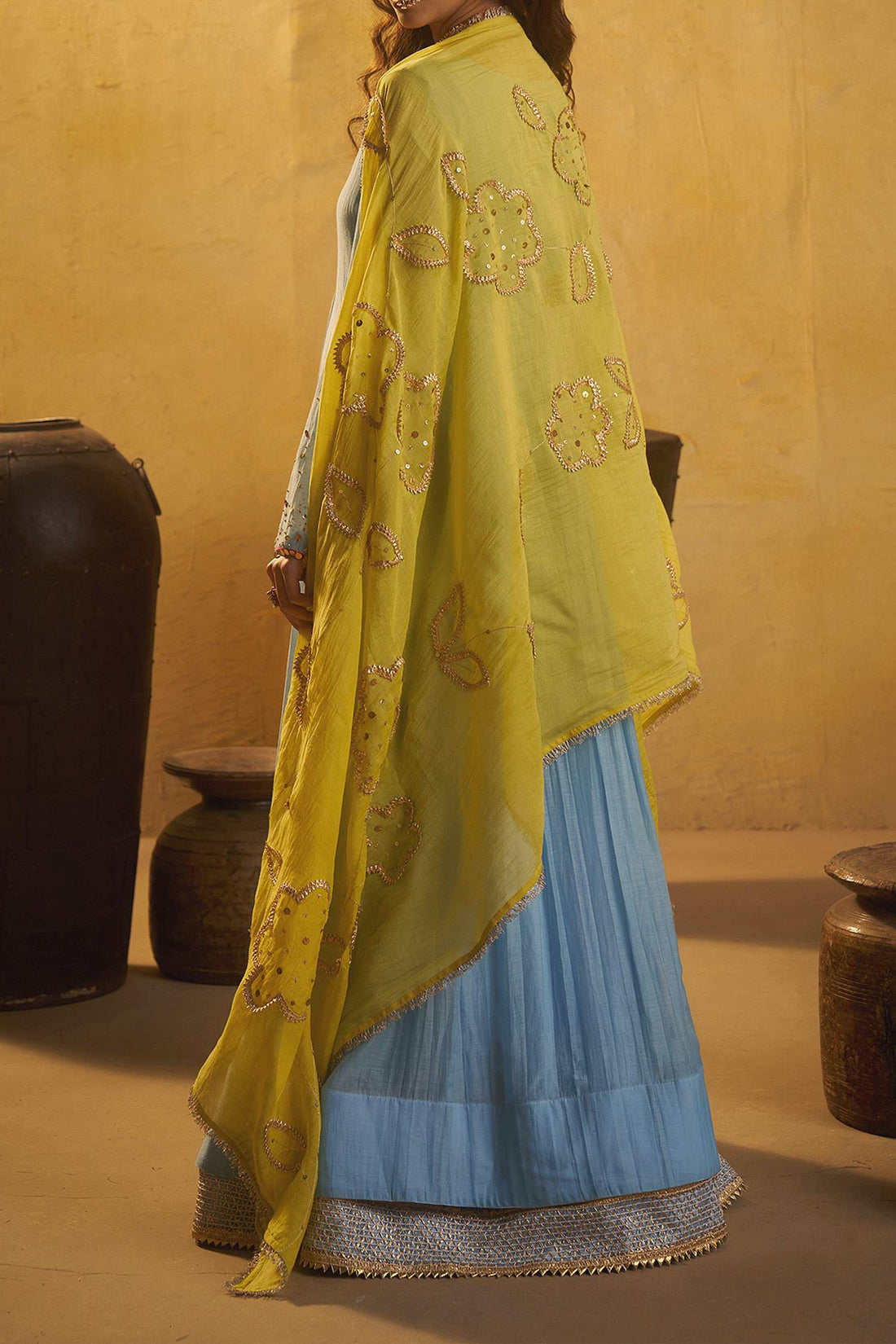 Hirika &amp; Dhruti Sky Blue Tikki Pleated Anarkali And Jhal Dupatta For Kids