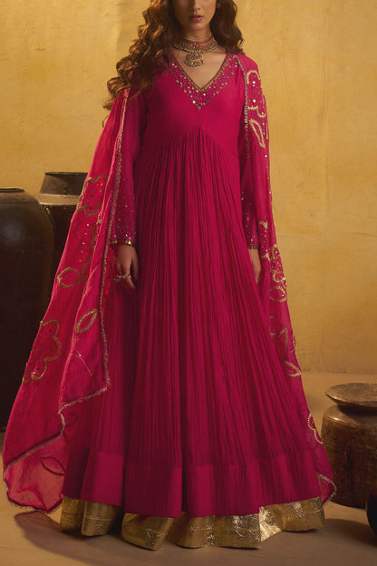 Shop Hirika &amp; Dhruti Pink Tikki Pleated Anarkali With Dupatta For Kids at Aza Fashions