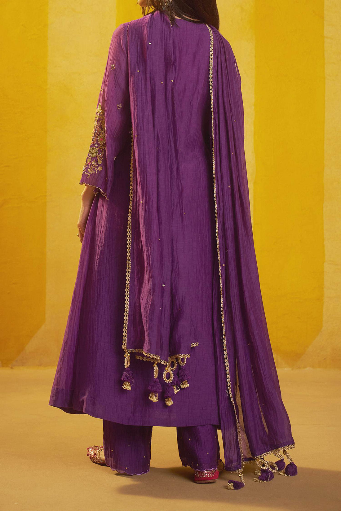 Shop Hirika &amp; Dhruti Purple Marodi Work Chanderi Kurta Pant And Dupatta Set For Kids at Aza Fashions