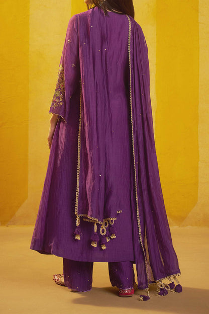 Shop Hirika &amp; Dhruti Purple Marodi Work Chanderi Kurta Pant And Dupatta Set For Kids at Aza Fashions