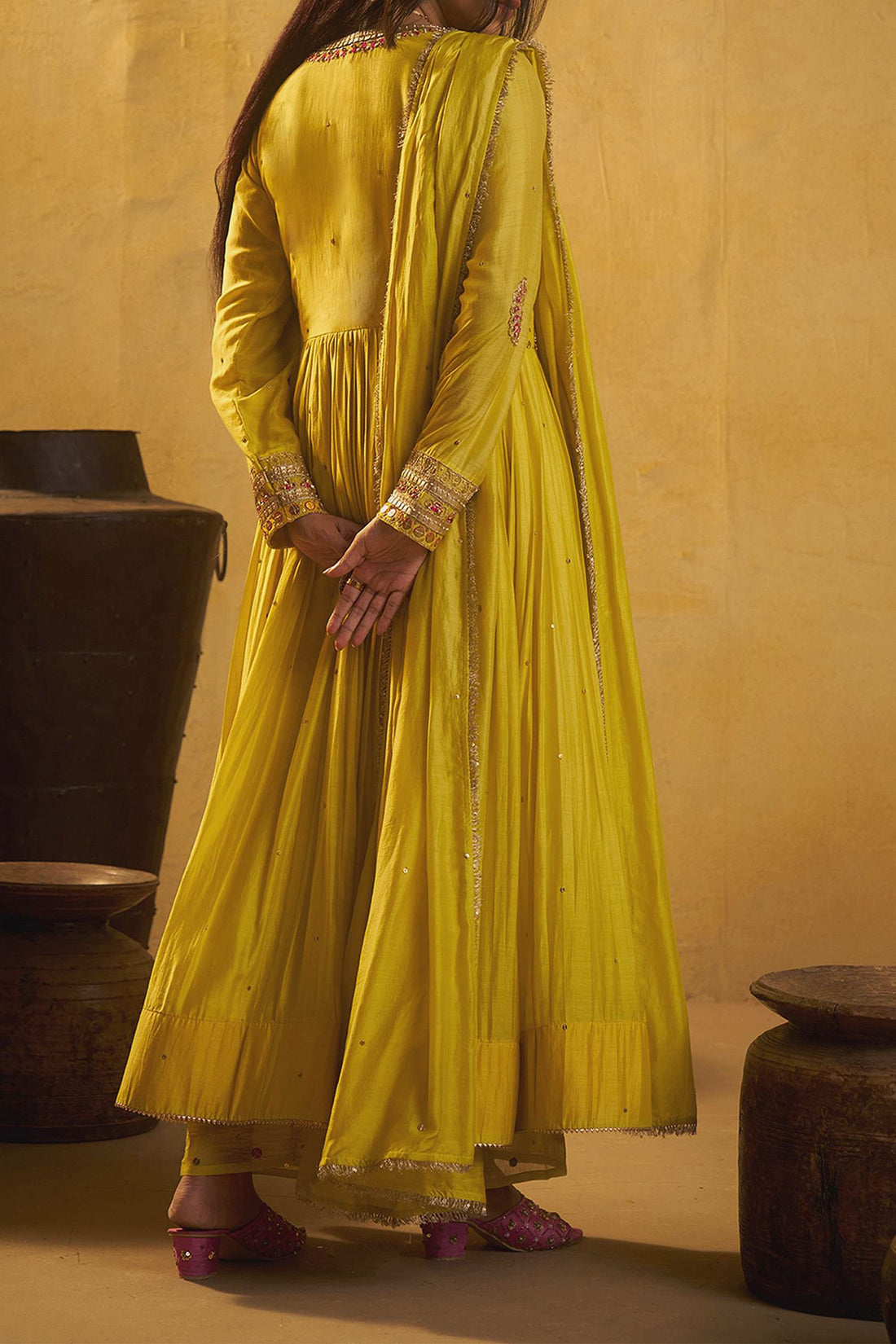 Shop Hirika &amp; Dhruti Yellow Metal Tikki Work Angarkha Pant Set For Kids at Aza Fashions