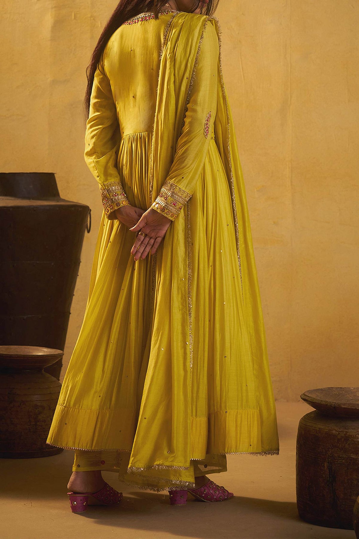 Shop Hirika &amp; Dhruti Yellow Metal Tikki Work Angarkha Pant Set For Kids at Aza Fashions