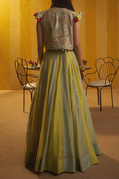 Shop Hirika &amp; Dhruti Green Embroidered Crop Jacket And Lehenga Set For Kids at Aza Fashions