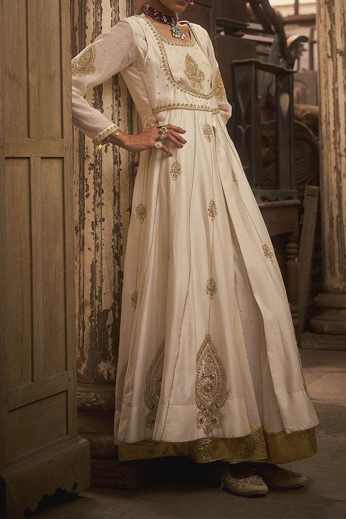 Shop Hirika &amp; Dhruti Off White Badla Hand Work Anarkali With Long Jacket For Kids at Aza Fashions