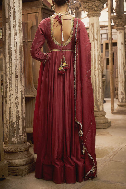 Shop Hirika &amp; Dhruti Burgundy Karnika Hand Work Anarkali With Dupatta For Kids at Aza Fashions