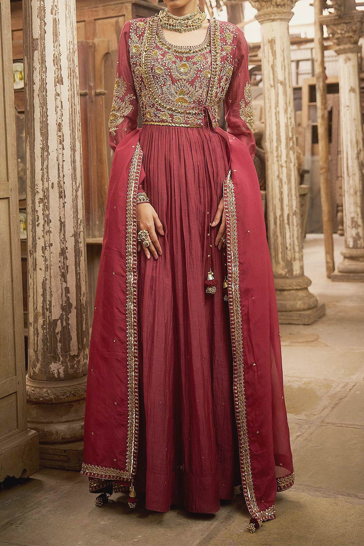 Shop Hirika &amp; Dhruti Burgundy Dori Embroidered Angarkha Anarkali Set For Kids at Aza Fashions