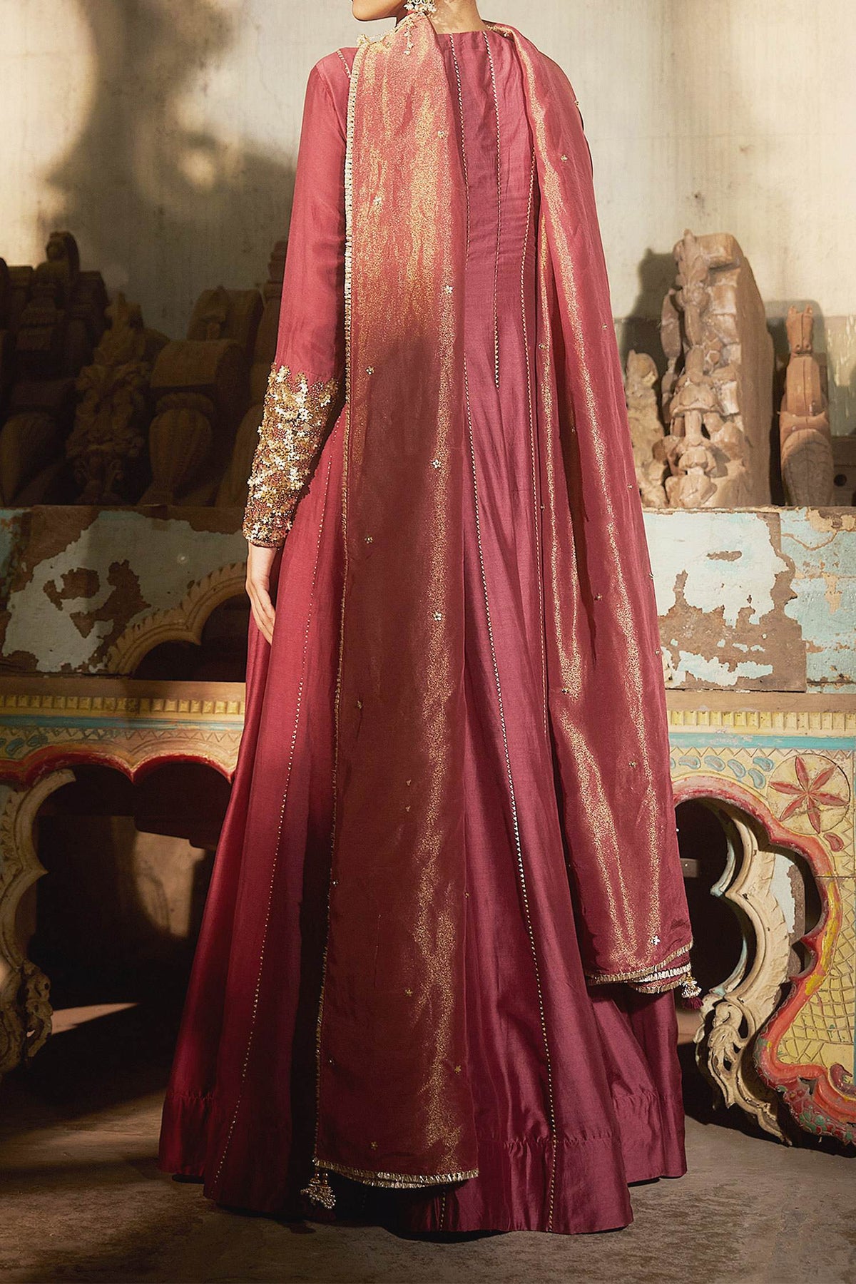 Shop Hirika &amp; Dhruti Burgundy Sufi Embroidered Angarkha Anarkali Set For Kids at Aza Fashions