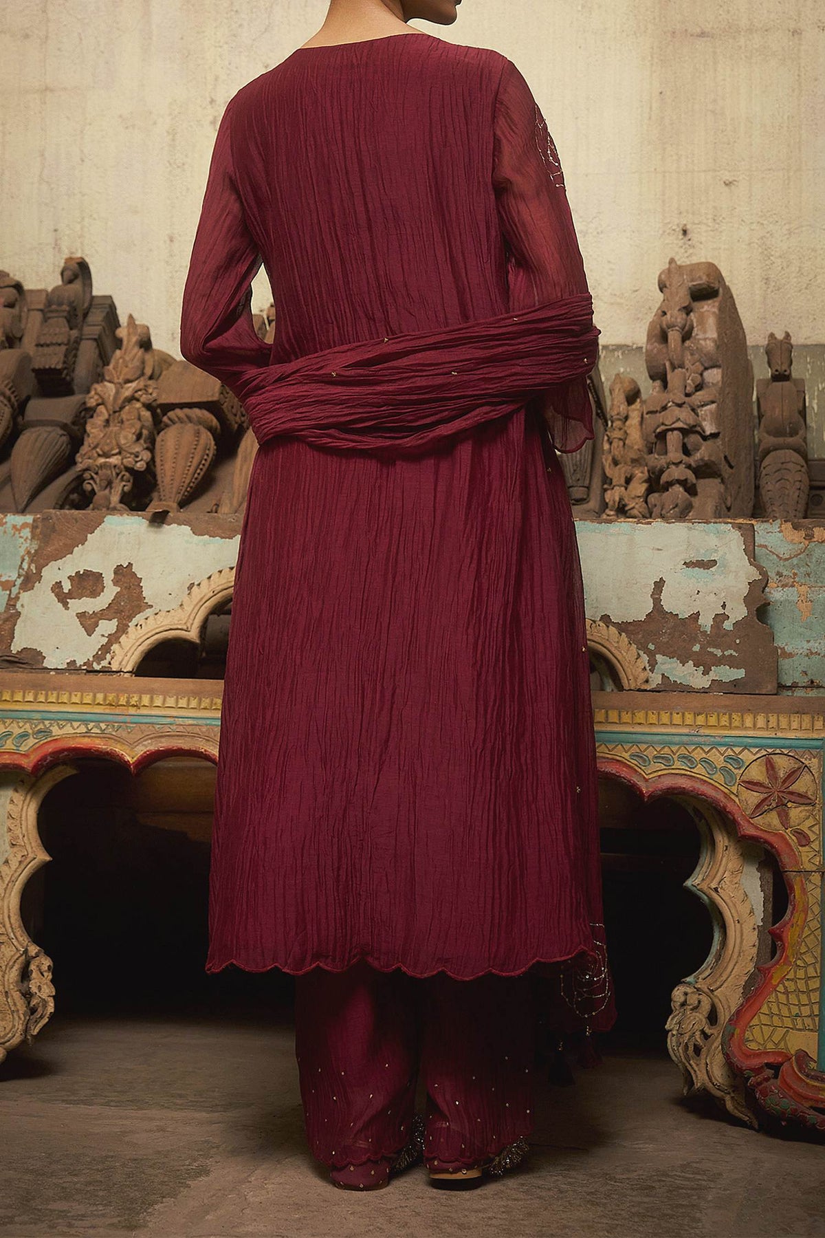 Shop Hirika &amp; Dhruti Burgundy Rose Embroidered Pleated Kurta Set For Kids at Aza Fashions