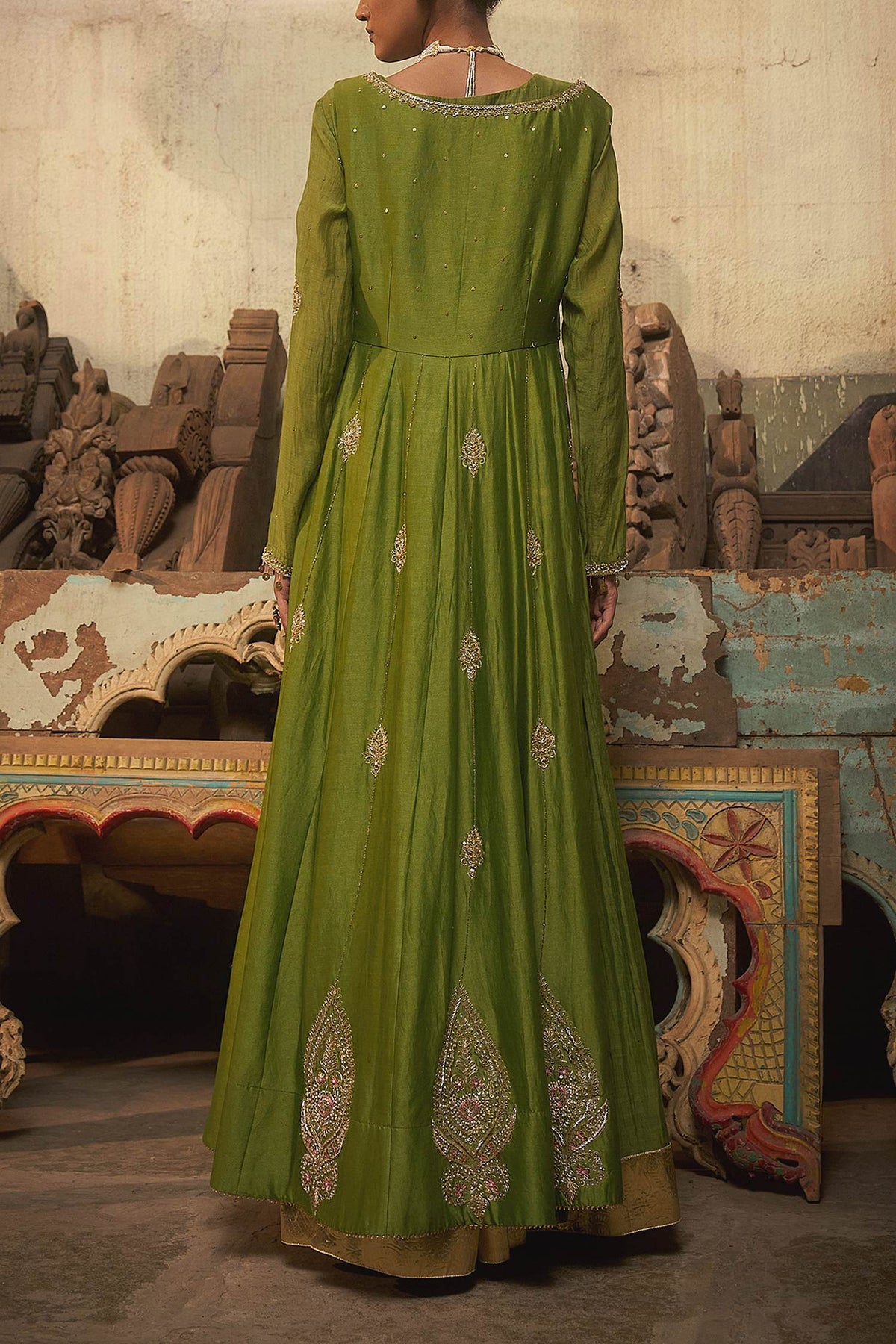 Shop Hirika &amp; Dhruti Green Nooree Hand Work Anarkali And Long Jacket Set For Kids at Aza Fashions