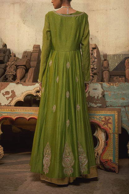Shop Hirika &amp; Dhruti Green Nooree Hand Work Anarkali And Long Jacket Set For Kids at Aza Fashions