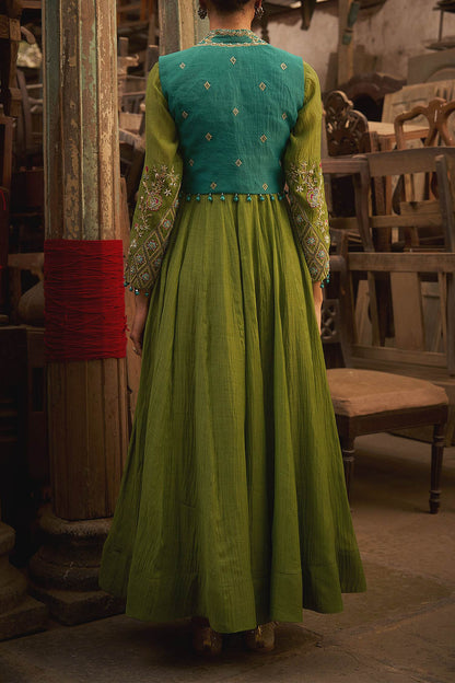 Shop Hirika &amp; Dhruti Green Hand Work Embroidered Anarkali And Jacket Set For Kids at Aza Fashions