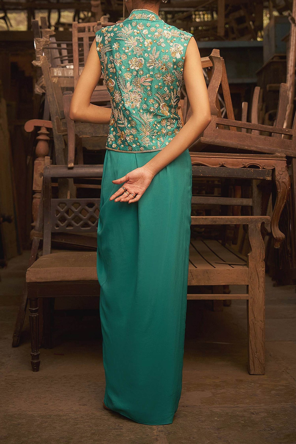 Shop Hirika &amp; Dhruti Aqua Turquoise Embroidered Jacket And Draped Skirt Set For Kids at Aza Fashions