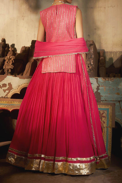 Shop Hirika &amp; Dhruti Pink Zardozi Embroidered Kurta Lehenga Set For Kids at Aza Fashions