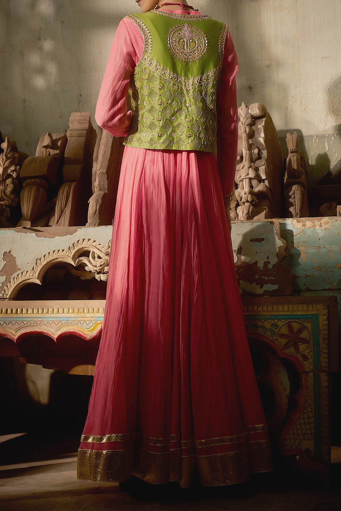 Shop Hirika &amp; Dhruti Peach Anarkali With Jharokha Work Jacket For Kids at Aza Fashions