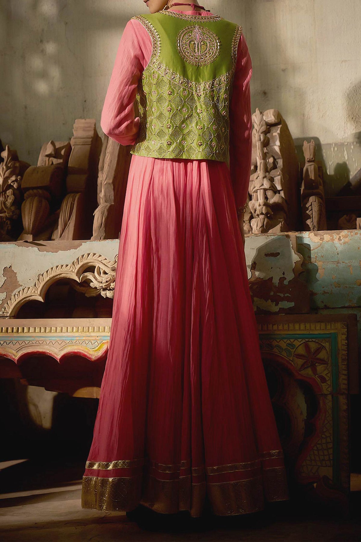 Shop Hirika &amp; Dhruti Peach Anarkali With Jharokha Work Jacket For Kids at Aza Fashions