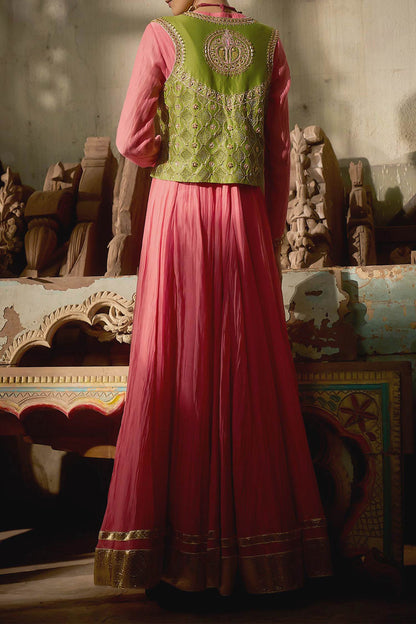 Shop Hirika &amp; Dhruti Peach Anarkali With Jharokha Work Jacket For Kids at Aza Fashions