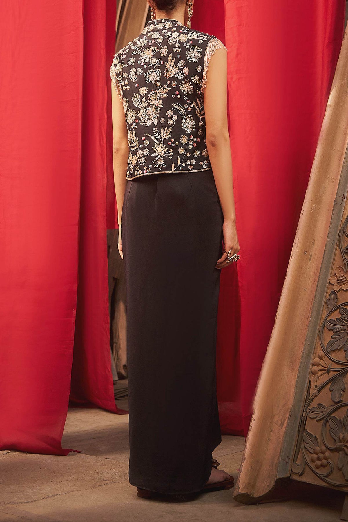 Shop Hirika &amp; Dhruti Black Embroidered Jacket And Draped Skirt Set For Kids at Aza Fashions