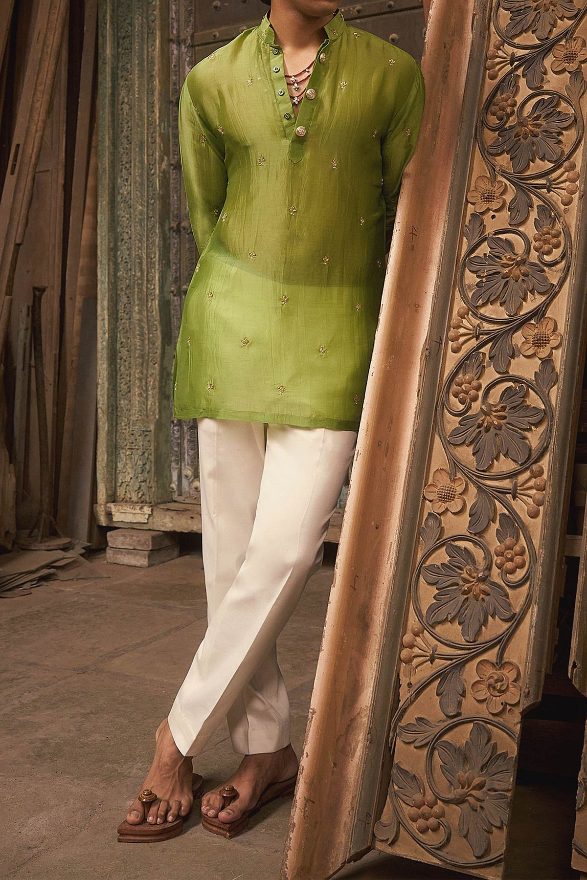Shop Hirika &amp; Dhruti Green Embroidered Sheer Kurta And Pant Set For Kids at Aza Fashions