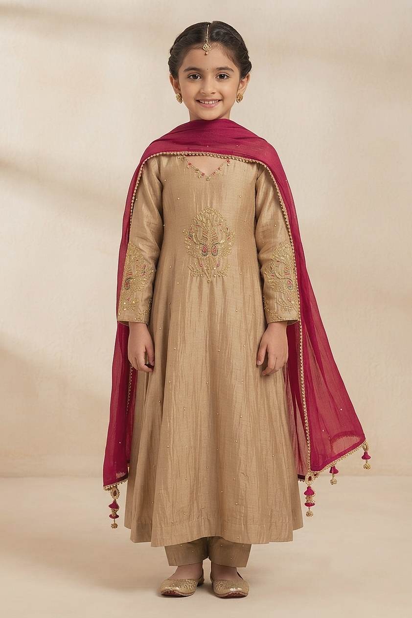 Buy Hirika &amp; Dhruti Brown Marodi Work Kurta Tikki Chitta Pant And Dupatta For Kids Online at Aza Fashions