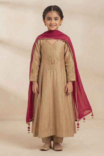 Buy Hirika &amp; Dhruti Brown Marodi Work Kurta Tikki Chitta Pant And Dupatta For Kids Online at Aza Fashions