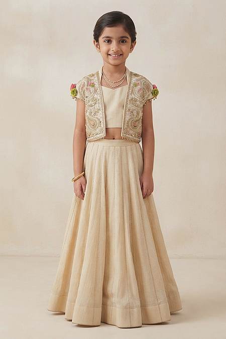 Buy Hirika &amp; Dhruti Off White Hand Embroidered Jacket Lehenga Set For Kids Online at Aza Fashions