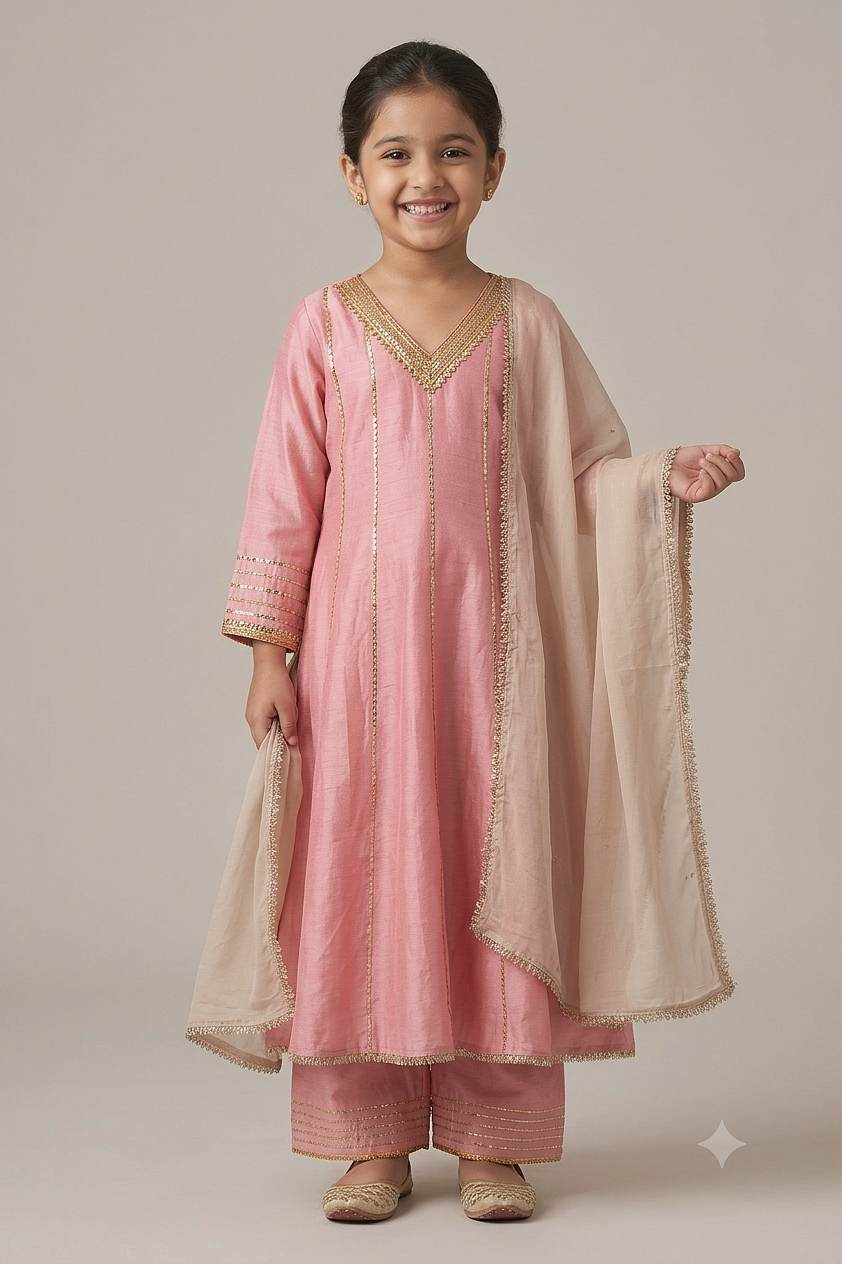 Buy Hirika &amp; Dhruti Pink Anarkali And Pant Silk, Dupatta Organza Sequin Embroidered Set For Kids Online at Aza Fashions