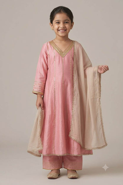 Buy Hirika &amp; Dhruti Pink Anarkali And Pant Silk, Dupatta Organza Sequin Embroidered Set For Kids Online at Aza Fashions