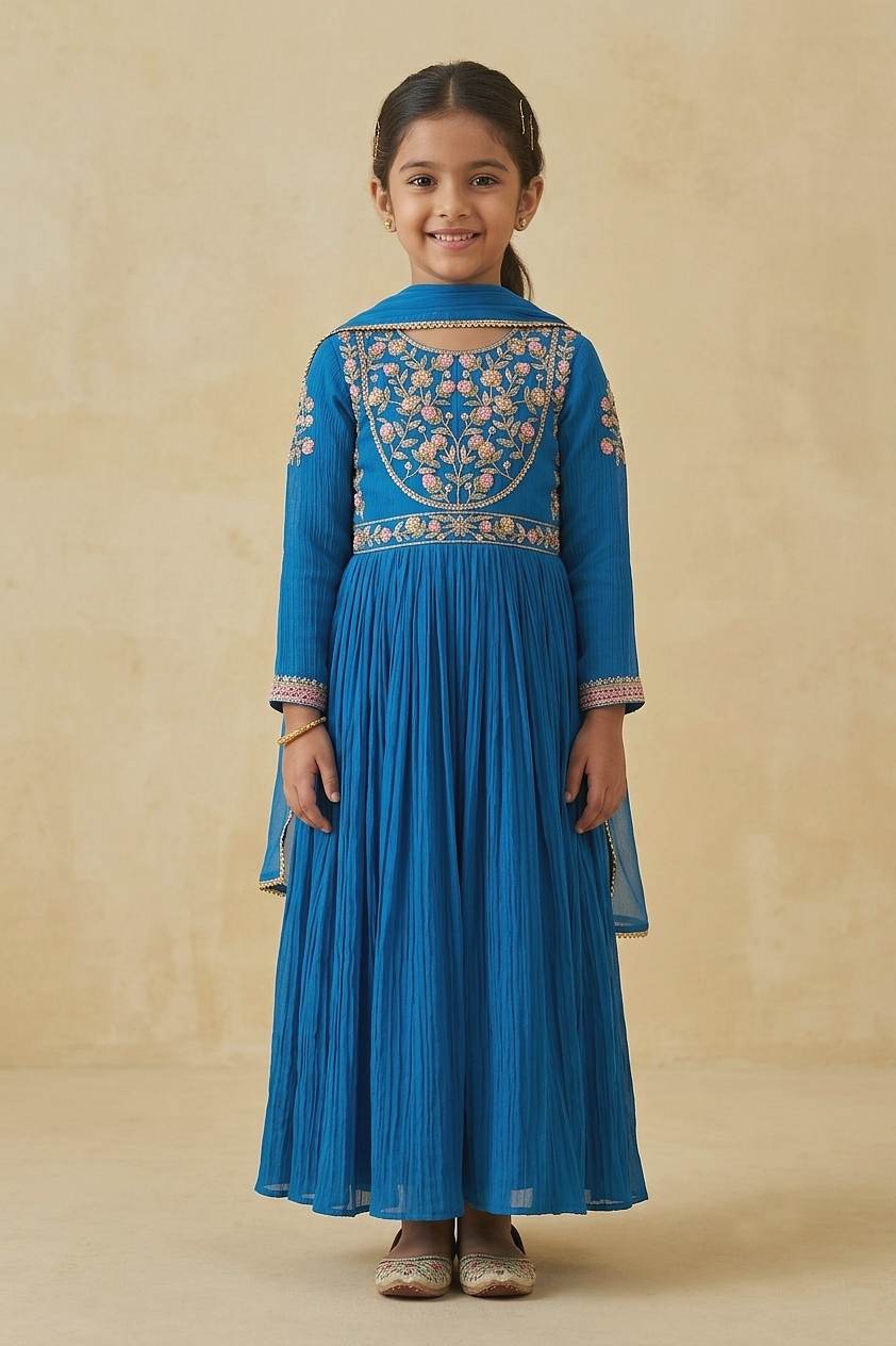 Hirika &amp; Dhruti Blue Patchwork Pleated Anarkali And Embroidered Dupatta For Kids