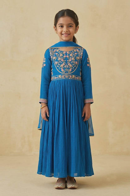 Hirika &amp; Dhruti Blue Patchwork Pleated Anarkali And Embroidered Dupatta For Kids