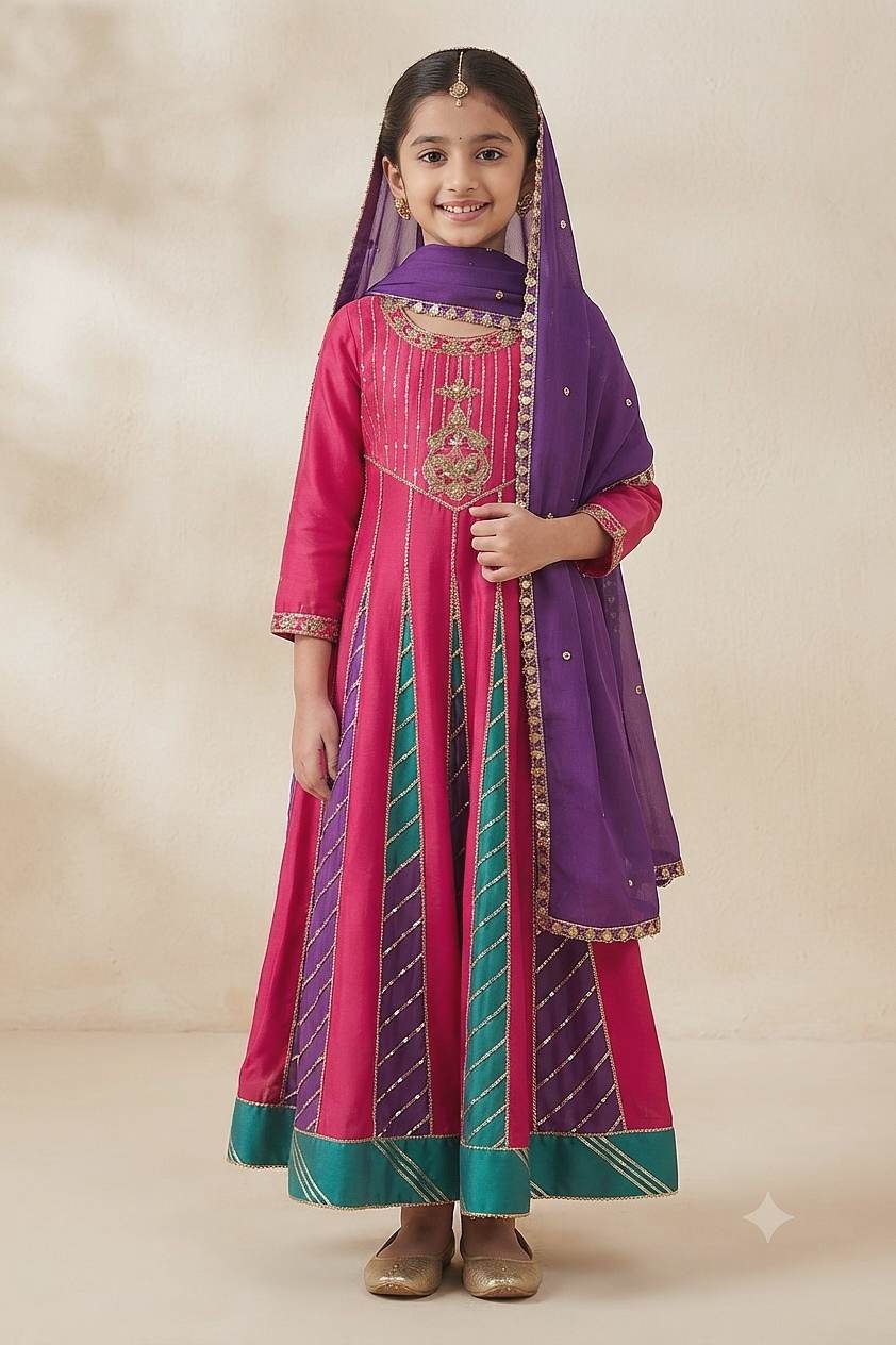 Buy Hirika &amp; Dhruti Pink Gota Anarkali And Dupatta Set For Kids Online at Aza Fashions