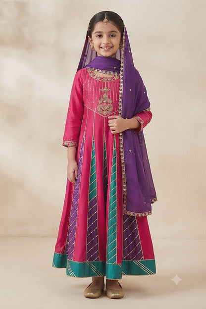 Buy Hirika &amp; Dhruti Pink Gota Anarkali And Dupatta Set For Kids Online at Aza Fashions