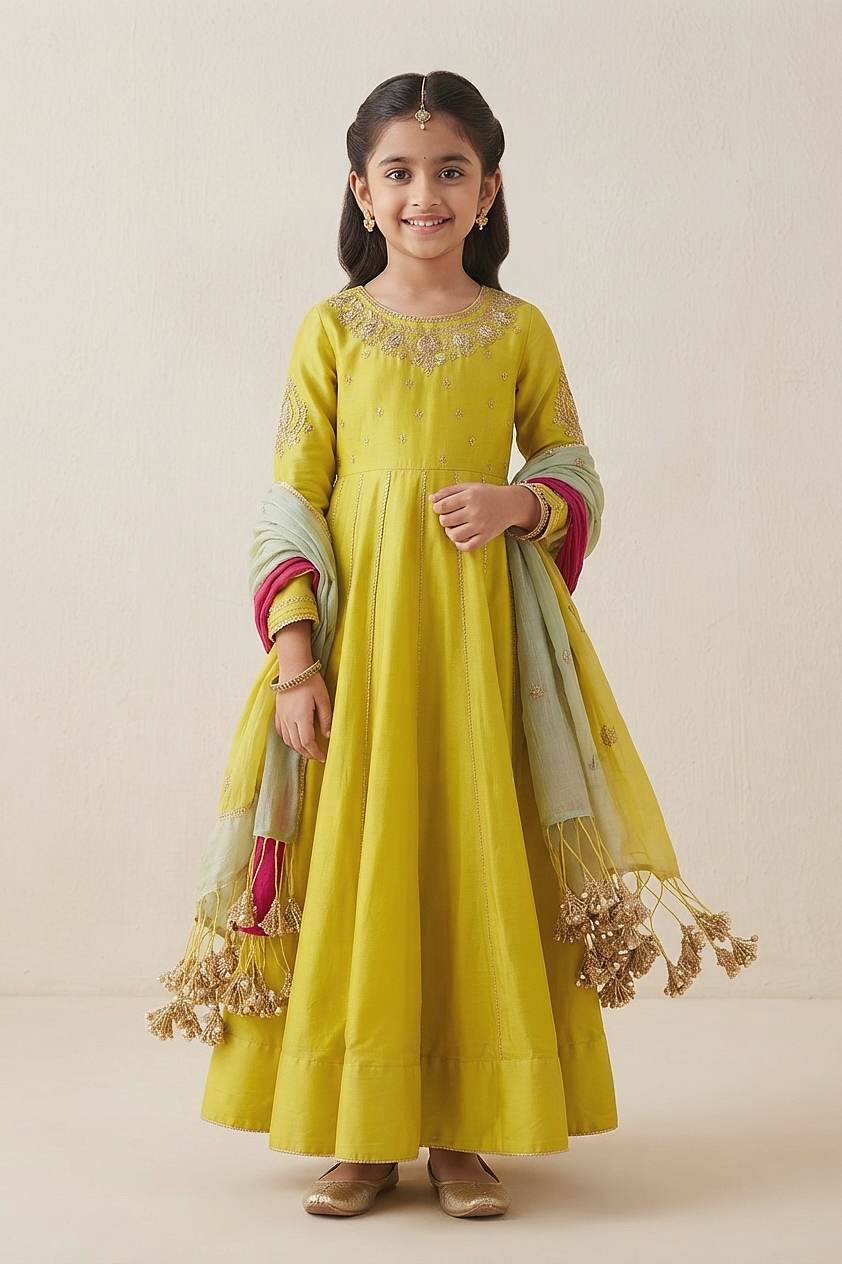 Buy Hirika &amp; Dhruti Lime Moti Work Anarkali And Colorful Dupatta For Kids Online at Aza Fashions