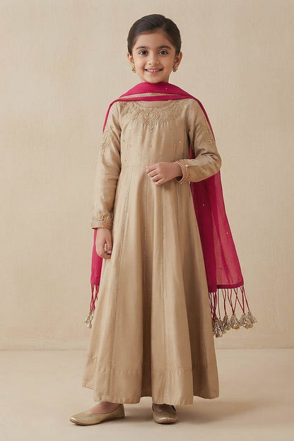 Hirika &amp; Dhruti Brown Moti Work Anarkali And Colorful Dupatta For Kids Online at Aza Fashions