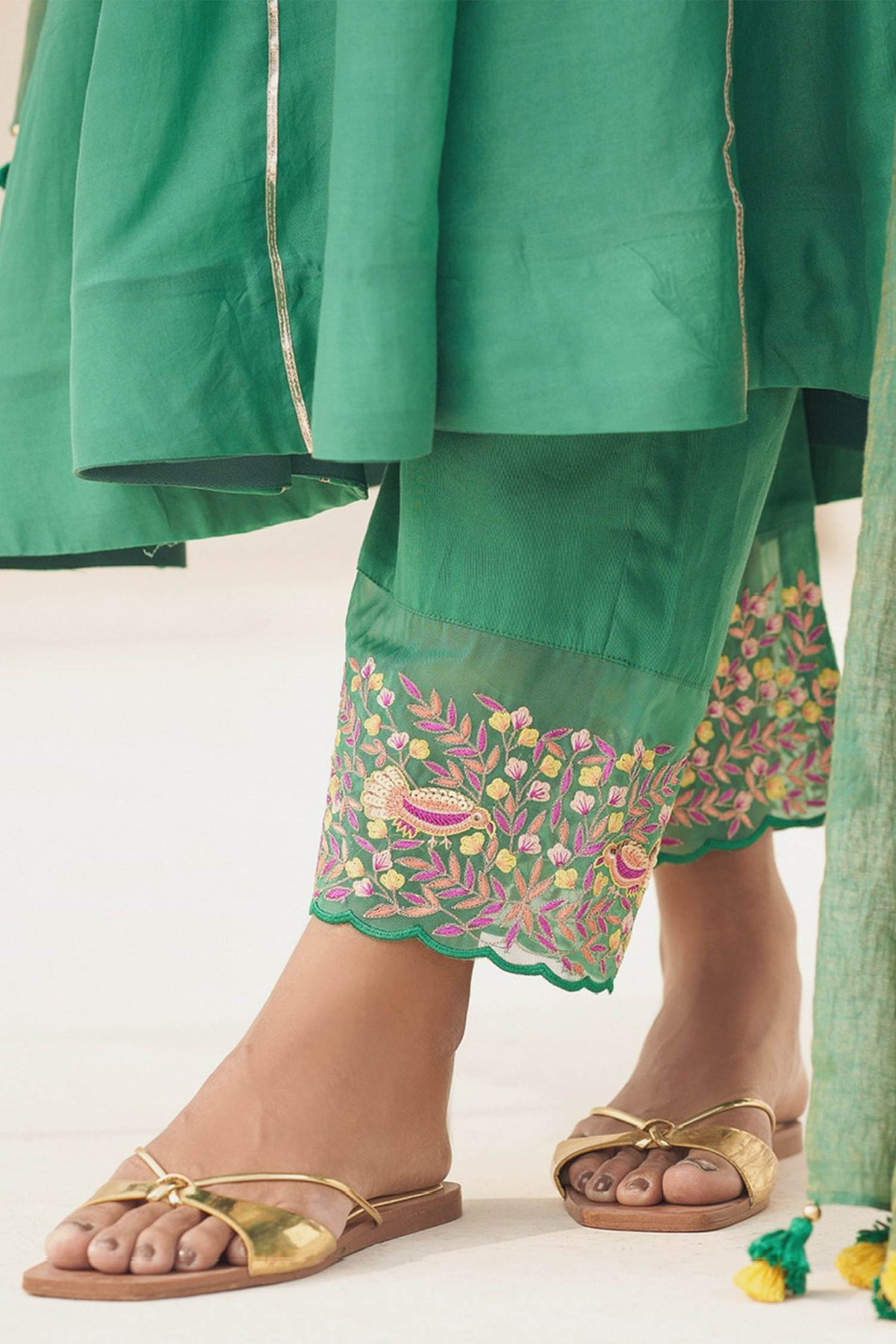 Buy Hirika &amp; Dhruti Green Cotton Silk, Dupatta Organza, Lining Crepe Hand Embroidered Anarkali Set For Kids Online at Aza Fashions