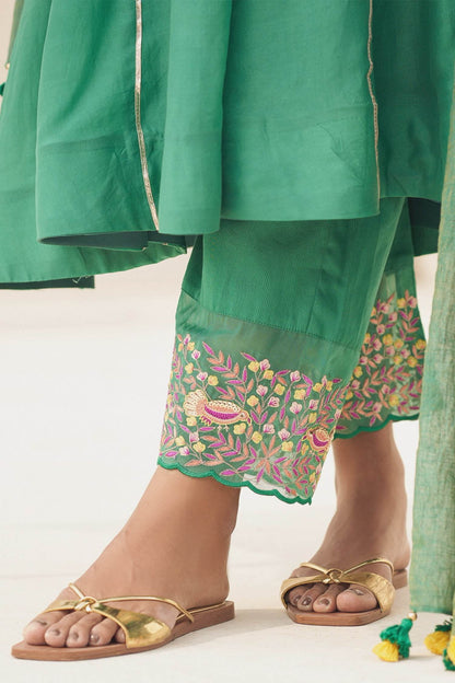 Buy Hirika &amp; Dhruti Green Cotton Silk, Dupatta Organza, Lining Crepe Hand Embroidered Anarkali Set For Kids Online at Aza Fashions