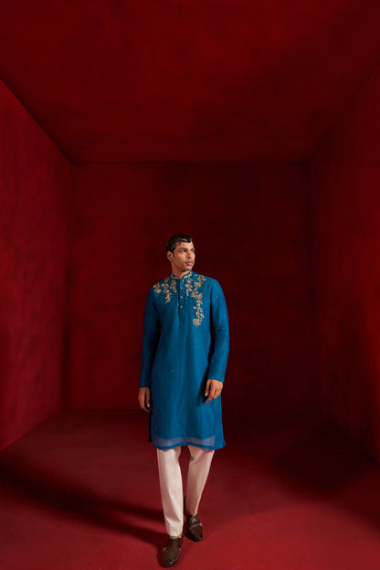 Teal Floral Chanderi Kurta