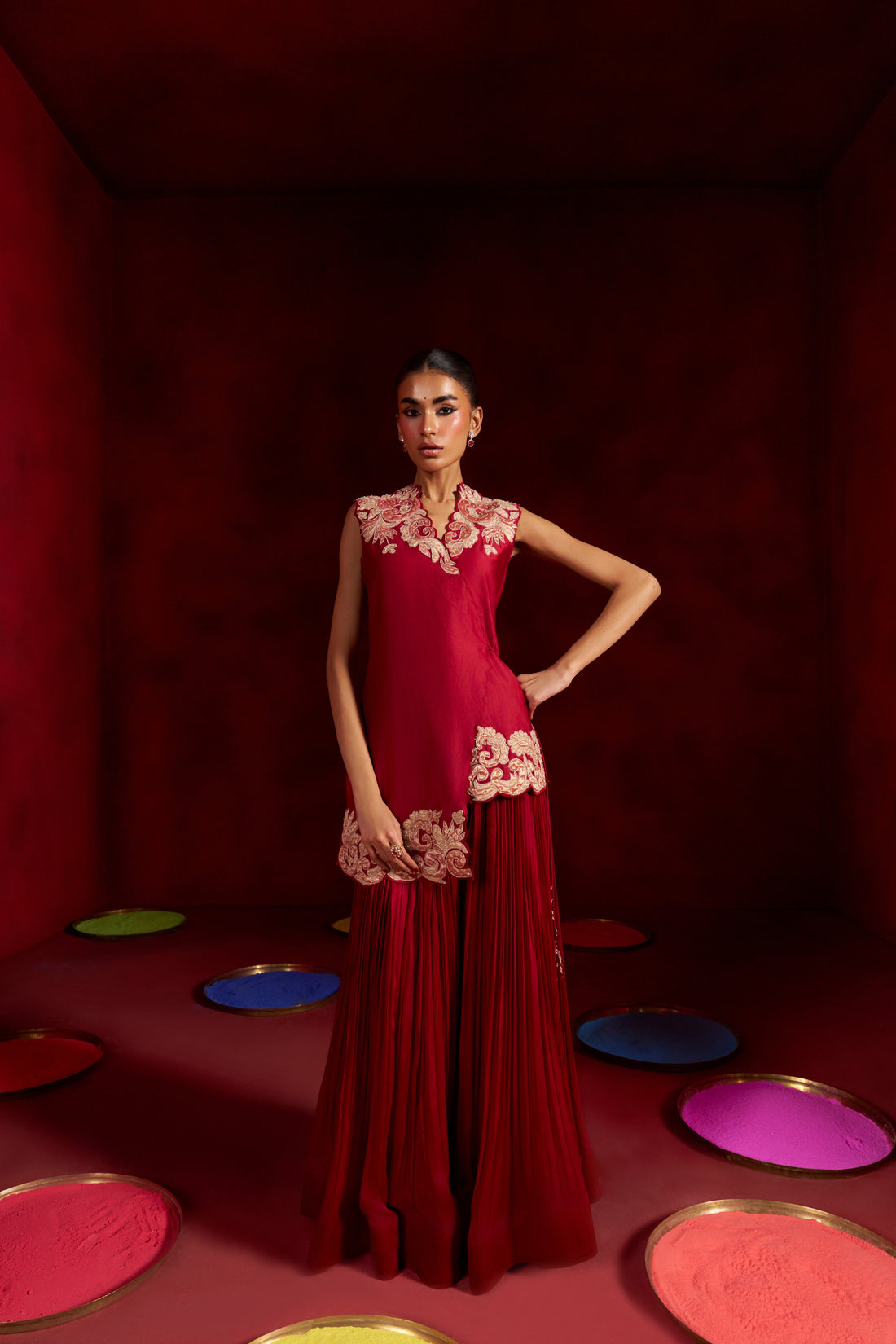 Red Patchwork Sharara Set